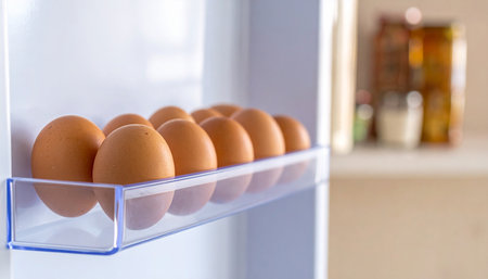 A row of brown eggs is displayed in a clear plastic shelf on a refrigerator door, with blurred food items in the background.の素材
