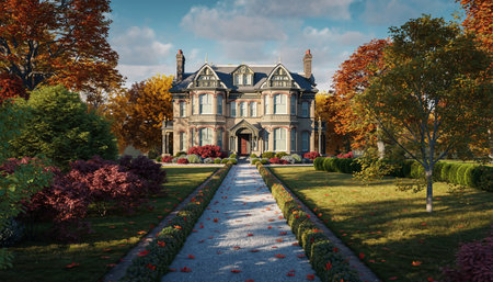 A grand Victorian mansion stands amidst vibrant autumn foliage, with a leaf-strewn gravel pathway leading to its entrance.の素材