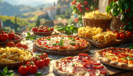 An outdoor rustic table is filled with a variety of Italian foods including pizzas, pasta, cheese, and tomatoes, set against a scenic landscape.の素材