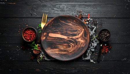 A dark plate is surrounded by spices, herbs, and a gold fork on a black wooden surface.の素材