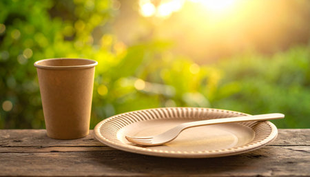 A disposable cup and plate with a fork are on a wooden table, with a sunny park in the background.の素材