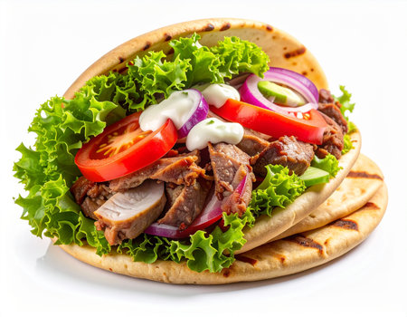 An open faced pita bread filled with sliced grilled meat, crisp lettuce, juicy tomatoes, red onion, and a dollop of white sauce.の素材