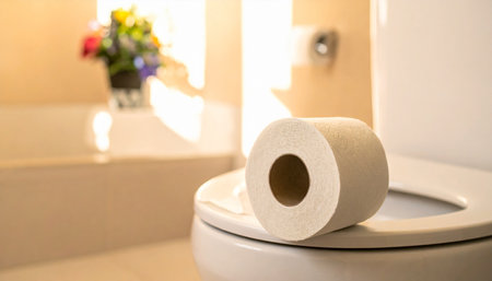A white toilet paper roll is positioned on the lid of a white toilet, with a blurred vase of flowers in the background.の素材