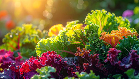 Sunlight streams through ruffled purple and green ornamental kale leaves, highlighting their texture and vibrant colors in a garden setting.の素材