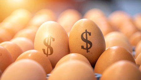 Two brown chicken eggs with dollar signs are prominently displayed among many other eggs, illuminated by warm sunlight.の素材