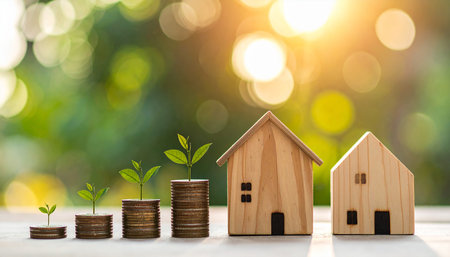 Two wooden house models stand beside stacks of coins with small green sprouts, symbolizing real estate investment and financial growth.の素材