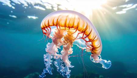 A translucent jellyfish with delicate tentacles drifts gracefully in sunlit blue ocean water, with light rays filtering from above.の素材