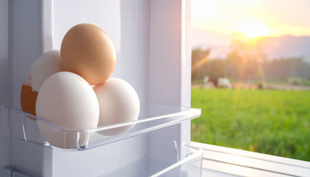 White and brown eggs rest on a refrigerator shelf, with a bright sunny meadow and distant cows visible through the open door.の素材