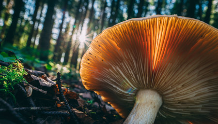 Close-up view of the underside of a mushroom cap in a forest, with sunlight streaming through its gills, illuminating the scene.の素材