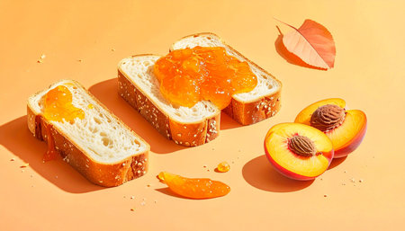 Sliced peaches and jam spread on toast with an autumn leaf on an orange background, studio shot.の素材
