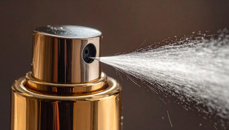 A golden perfume spray nozzle actively releasing a fine mist of liquid, captured in motion against a dark background.の素材