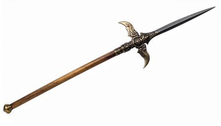 Ornate antique spear with a sharp pointed tip and decorative bronze accents on a white backgroundの素材