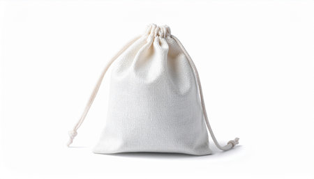 A small white drawstring pouch made of textured fabric, presented on a white background.の素材