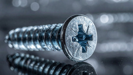 Macro shot of a silver screw with a cross head, its reflection visible on a shiny surface, set against a backdrop of blurred lights.の素材