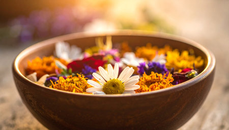 A close-up view of a wooden bowl filled with colorful flower petals, featuring a prominent daisy in the center.の素材