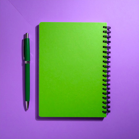 A vibrant green spiral notebook and a matching green pen are positioned on a purple background, casting distinct shadows.の素材