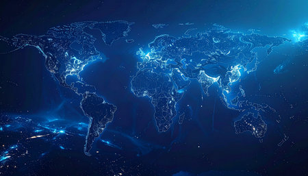 The Earth at night, depicted as a world map with bright, glowing city lights and vibrant blue energy radiating across continents.の素材
