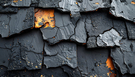 A full frame image of a damaged asphalt shingle roof, showcasing extensive cracking and peeling texture with glimpses of the orange underlayer.の素材