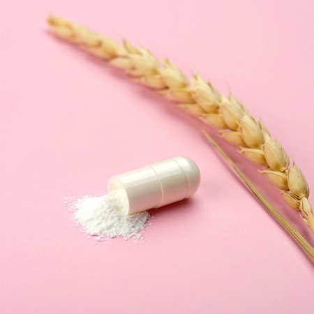 An open white capsule spills its powder next to a wheat ear on a pink background. Clear details and vibrant colors enhance visual appeal.の素材