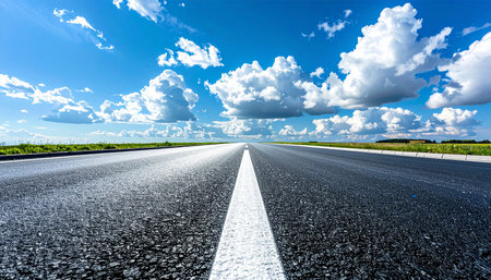 An empty asphalt road with a white line marking stretches towards the horizon under a vast blue sky filled with white clouds.の素材
