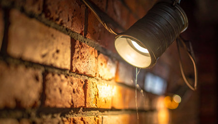 An industrial spotlight shines on a textured brick wall, with water droplets dripping down the wall, creating a dramatic effect.の素材