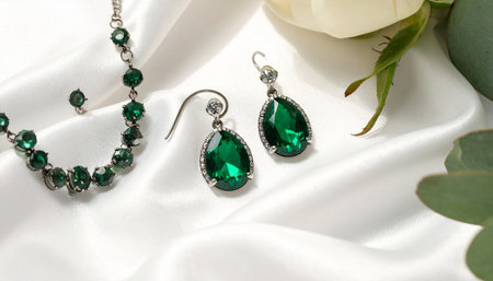 Pear-shaped emerald earrings and a necklace are displayed on draped white satin with floral accents.の素材