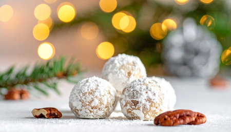 Three round snowball cookies dusted with powdered sugar, with pecans scattered around.の素材