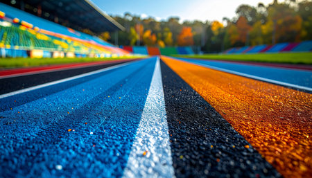 Detailed low angle view of a running track with blue and orange lanes, showing the textured surface with autumn trees in the background.の素材