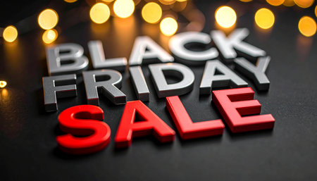 3D metallic letters spelling "BLACK FRIDAY SALE" with red "SALE" letters on a dark surface with blurred yellow bokeh lights.の素材