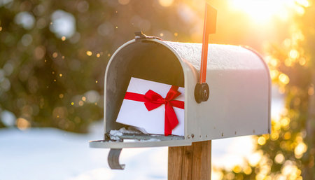 Mailbox in winter sunlight with a white envelope tied with a red ribbon. Clear details and vibrant colors enha...の素材