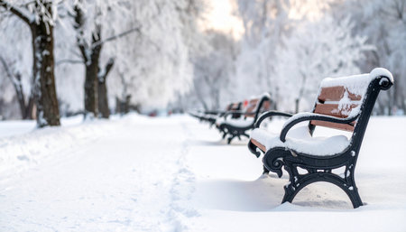 Snow covered park benches line a path in a winter wonderland landscape Clear details and vibrant colors enhanc...の素材