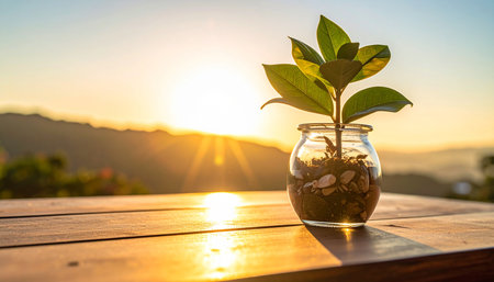 A plant in a glass jar sits on a wooden table, with a vibrant mountain sunset creating a warm, golden light.の素材