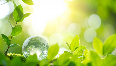 A glass globe of Earth is nestled among lush green leaves, with a soft, out-of-focus background of bokeh sunlight creating a gentle ambiance.の素材