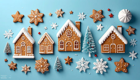 A festive arrangement of gingerbread houses, cookies, and miniature Christmas trees scattered across a light blue surface.の素材