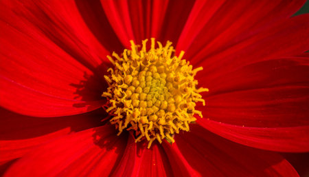 Natural showing extreme close up macro of vibrant red flower center with yellow stamens keywords: flower, red, macro, close up, center, yellow,...の素材