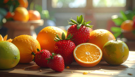 A close-up still life of fresh strawberries, oranges, a lime, and an apple arranged on a wooden table bathed in sunlight.の素材