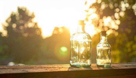 Two empty clear glass bottles with cork stoppers rest on a wooden surface during the golden hour, with soft bokeh in the background.の素材