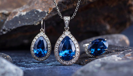 A luxurious set of blue sapphire jewelry including a pendant necklace, earrings, and ring with diamond accents rests on dark rocks.の素材