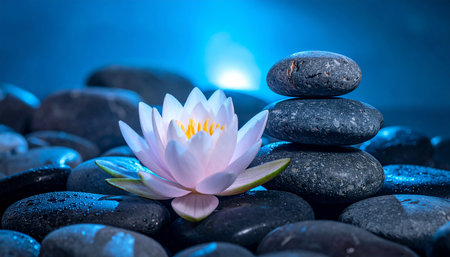 A pink and white lotus flower sits on dark wet rocks next to stacked zen stones, with a blue light illuminating the scene.の素材