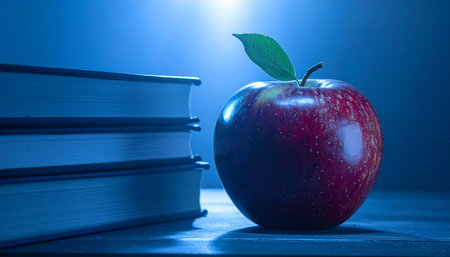 A bright red apple with a single green leaf sits next to a stack of blue books against a dark, moody blue background.の素材
