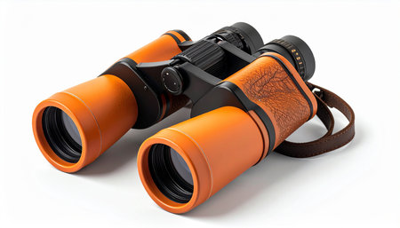 Orange binoculars featuring textured leather grips and a brown strap are displayed on a white background.の素材