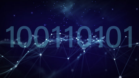 A large binary number 100110101 floats above a digital network with glowing connections.の素材