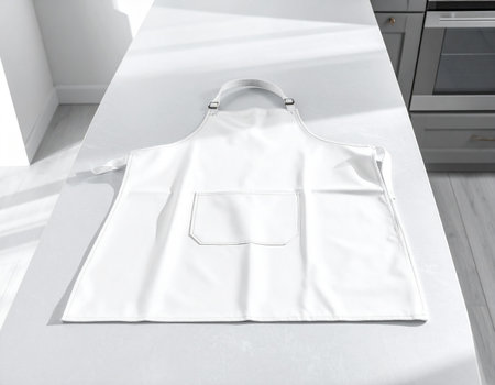 A white fabric apron with two pockets and metal clasps rests on a kitchen countertop, illuminated by natural light.の素材