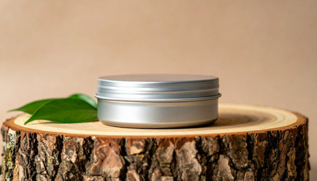 A silver metal cosmetic jar sits on a natural wood slice with two green leaves beside it against a plain backdrop.の素材