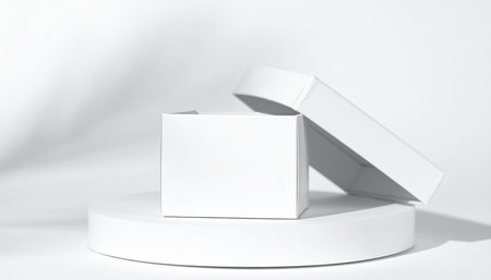 An open white gift box sits on a white podium, casting soft shadows on a clean white background.の素材