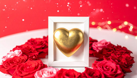 A golden heart in a white frame is nestled within a ring of red and pink roses on a white surface, with a red bokeh background.の素材