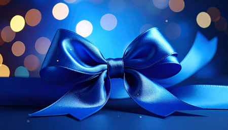 A detailed close-up of a lustrous blue satin ribbon tied into a perfect bow, set against a soft bokeh background of warm, glowing lights.の素材