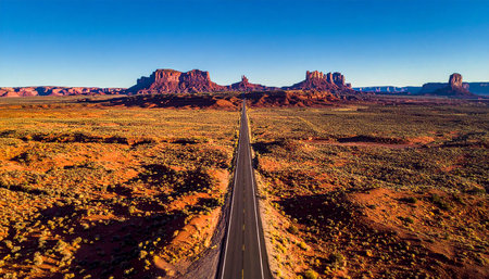 A long, straight asphalt road cuts through a vast desert landscape, leading towards iconic buttes in Monument Valley under a clear blue sky.の素材
