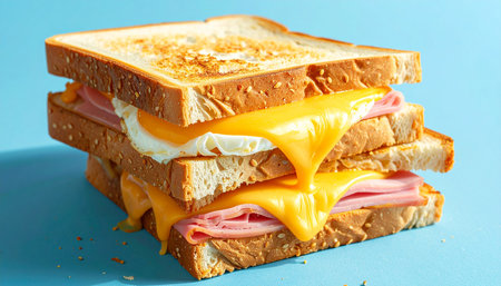 A stack of ham, cheese, and fried egg sandwiches with cheese dripping down the sides, on a vibrant blue background.の素材