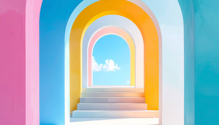 A series of colorful archways in pastel shades lead up a white staircase towards a bright blue sky with fluffy white clouds.の素材